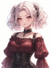 Young woman with white hair in red dress and black corset.