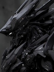 Anime mecha, armored, humanoid skull head, industrial design, cables, mechanical components, dark smoke.