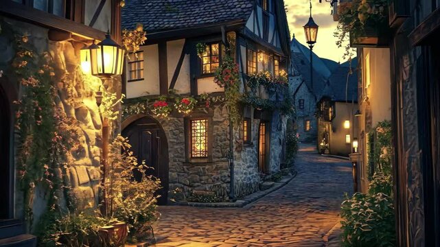 Cozy village evening with soft light glowing from windows and charming cottages, Cozy village evening scene with glowing windows and cobblestone streets, video background