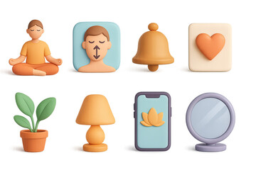 Mindfulness Icon Set. 3D icon set of mindfulness-based therapy: meditation pose, breathing guide, calming bell