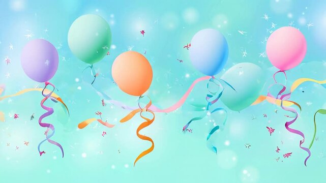 Colorful balloons in pastel shades float against a dreamy blue background, surrounded by sparkling stars and festive ribbons, creating a joyful celebration atmosphere