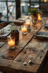 Obraz premium close-up of rustic wooden dining table with natural grain, soft candlelight, realistic style, warm brown and beige tones, rule of thirds with table on right,