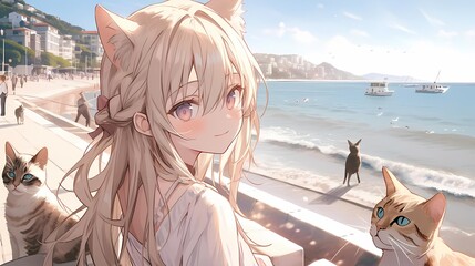 A young girl with cat ears and a gentle smile stands on a serene beach, surrounded by people, boats, and two cats, on a sunny day.