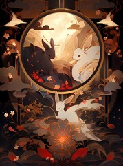 Serene night scene reflection in mirror with rabbits floral backdrop