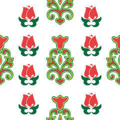 Islamic tulip, floral geometry. Tatar seamless pattern. Culture of the Tatar people, symbols of green and red