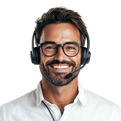 Engaging call center agent portrait transparent professional photograph office environment half body view