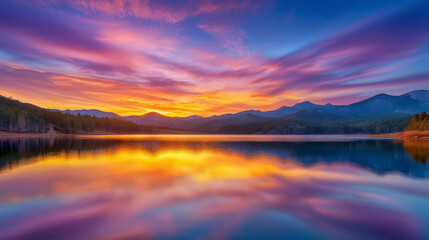 Fototapeta premium Serene mountain lake reflecting a vibrant sunset colors