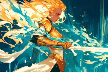 Blonde anime sorceress with flowing hair, magical blue light, gold and white armor.