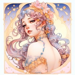 Anime girl, curly hair, flowers in hair, dress, choker, starry night sky, illustration