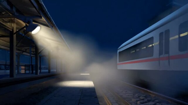 Nighttime train station with fog, illuminated platform, and empty tracks under a starry sky