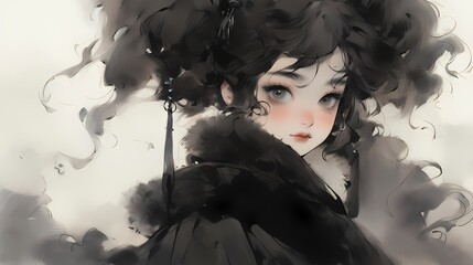 Anime girl black curly hair blue eyes black coat fur collar