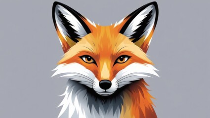 Naklejka premium Portret stylizowanego lisa z bliska. Pomarańczowo-czerwone futro, biało-szary spód, czarno-białe uszy. Intensywne, czujne oczy. Płaski, graficzny styl