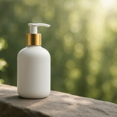 背景がぼやけた緑の中で、石の表面に置かれた白いポンプボトル