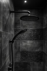 close-up of matte black showerhead, modern bathroom, realistic style, soft studio lighting, neutral black and white tones, rule of thirds with showerhead on left, 