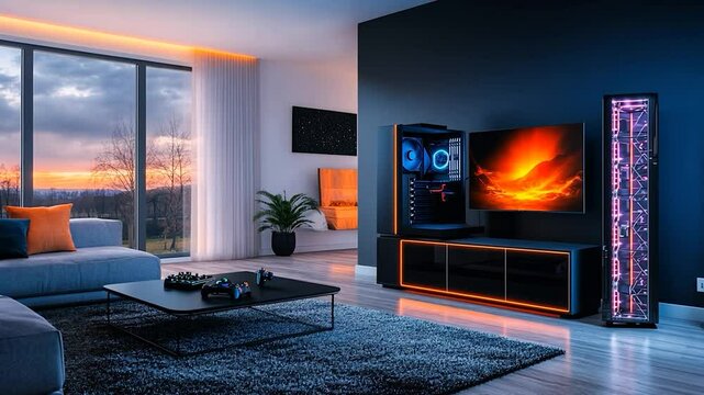 Ultimate Gaming Setup: Modern Living Room with High-End PC and Console