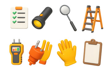 3D Home & Crisis Icons. 3D icon set of regular home inspection items: checklist, flashlight, inspection mirror