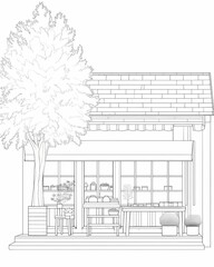 A quaint cheese shop facade features a tree, bench, and potted plants, adorned with decorative elements, inviting customers to sit and stay.