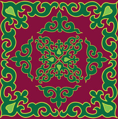 Islamic tulip, floral geometry. Tatar seamless pattern. Culture of the Tatar people, symbols of green and red