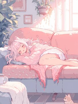 Young anime girl animal ears sleeping