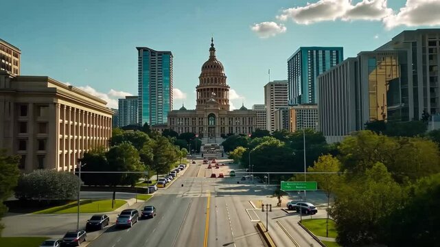 Dynamic time lapse showcasing the Texas State Capitol in Austin with vibrant city skyline, 4K Texas Time Lapse State Capitol Austin Texas Hyperlapse Drone