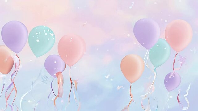 Colorful balloons in pastel shades float against a dreamy blue background, surrounded by sparkling stars and festive ribbons, creating a joyful celebration atmosphere
