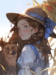Smiling girl with straw hat and dog in meadow.