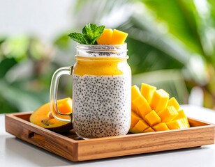 Mango chia seed pudding in a mason jar