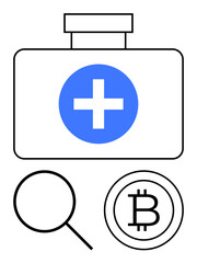 First aid kit with cross symbol, magnifying glass, and Bitcoin sign. Ideal for digital finance, healthcare, blockchain, innovation, research analysis modern technology themes. Flat simple metaphor
