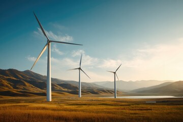 Three wind turbines standing in open grassy field with mountain backdrop under a golden sky, perfect for clean energy themes, sustainability campaigns, or eco-friendly landscape presentations