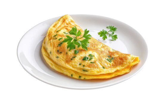 PNG Delicious cheese and herb omelet on white plate with parsley garnish