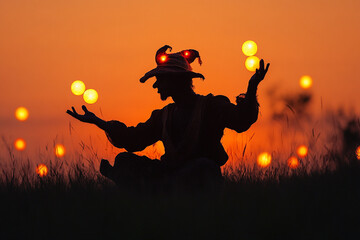 Silhouette of a trickster god juggling glowing orbs of chaos