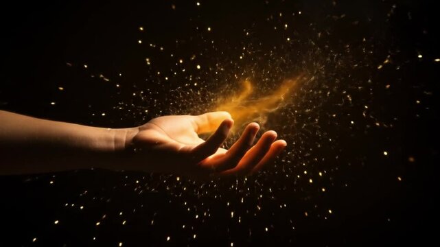 A hand illuminated by golden light with sparkling dust on a dark background creating a magical effect