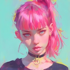 Anime girl portrait with pink hair and blue eyes, serious expression, black top, gold earrings.