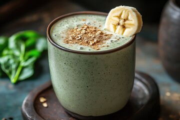 A creamy banana and spinach smoothie, blended with almond milk and topped with a banana slice