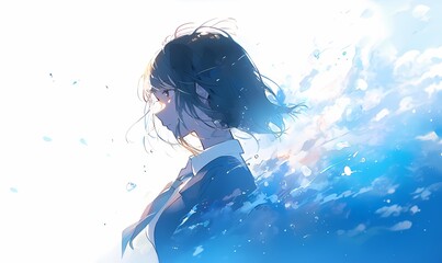 Young woman in profile looking at serene coastal environment