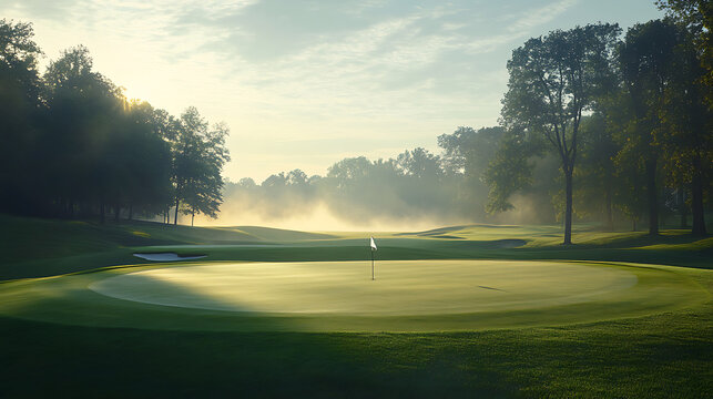 Sunlit Golf Course with Misty Morning Atmosphere - Powered by Adobe