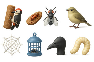 Insectivorous Birds and Insects. 3D icons set of insectivorous birds and insects: woodpecker pecking, ant on bark, fly, warbler,