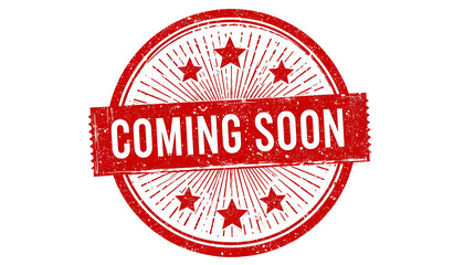 Red grunge stamp with coming soon text and stars on white background