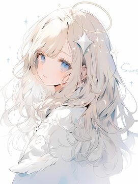 Serene angelic figure with blue eyes, sparkling stars background, fantasy anime art