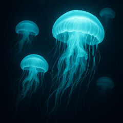 Glowing blue jellyfish swimming in dark ocean waters displaying bioluminescent beauty