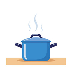 Blue cooking pot with lid and steam on a wooden surface illustration