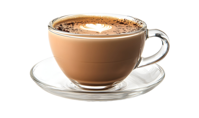 Coffee drink in a glass cup on a saucer against black background