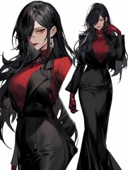 Confident female figure, red makeup, elegant attire, black dress, jacket, skirt, accessories.