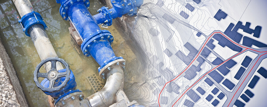 Construction site with new metal  hydraulic system of drinking water to be carried out under the road surface level and imaginary city map