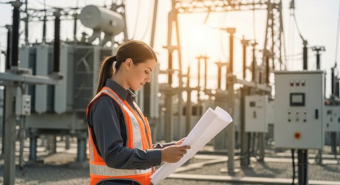 Woman electrical engineer checking power lines with blueprints at a substation. Transmission line and electrical control system. Energy industry concept.