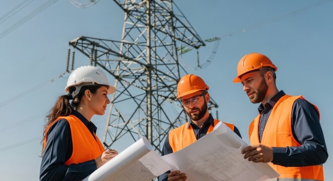 Three engineers, one woman and two men, inspecting blueprints at power line, planning for renewable energy infrastructure build.
