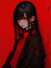 Anime woman with red eyes and black hair, striking outfit, red background