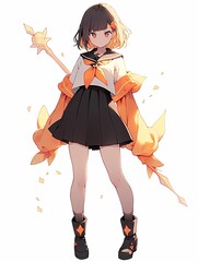 Anime girl, Magical girl, orange hair, spear, school uniform, white shirt, black skirt, boots, white collar, red bow.