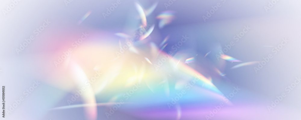 Poster holographic rainbow light refraction texture overlay with abstract soft bokeh effect on a transparen