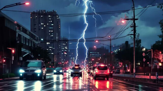 Lightning strikes illuminate a city street during a heavy rainstorm at night, bad weather lightning strikes at night